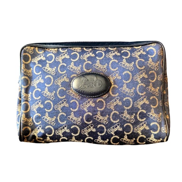 Celine Handbags - Celine Paris C Sulky Monogram Toiletry Clutch Pouch Navy Blue Jacquard Leather‎